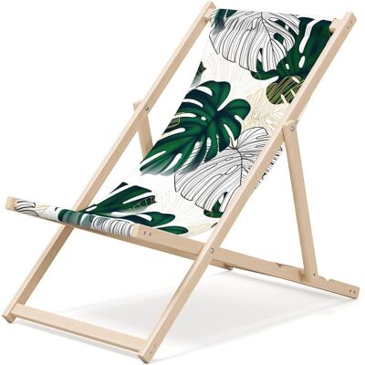 Outentin folding wooden beach lounger - premium wooden deckchair large - for garden, balcony and beach - modern design - folding sunlounger sunbed- up to 130 kg motif Monster leaf