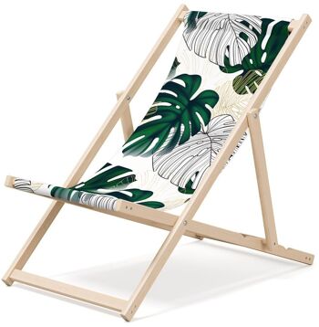 Chaise longue de plage pliante en bois Outentin - transat en bois haut de gamme grand - pour jardin, balcon et plage - design moderne - chaise longue pliante transat - jusqu'à 130 kg motif Feuille de monstre 1