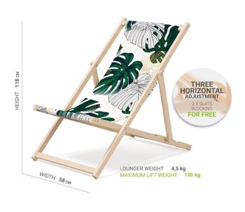 Chaise longue de plage pliante en bois Outentin - transat en bois haut de gamme grand - pour jardin, balcon et plage - design moderne - chaise longue pliante transat - jusqu'à 130 kg motif Feuille de monstre 2