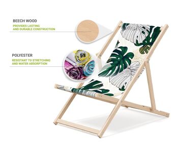 Chaise longue de plage pliante en bois Outentin - transat en bois haut de gamme grand - pour jardin, balcon et plage - design moderne - chaise longue pliante transat - jusqu'à 130 kg motif Feuille de monstre 3