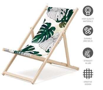 Chaise longue de plage pliante en bois Outentin - transat en bois haut de gamme grand - pour jardin, balcon et plage - design moderne - chaise longue pliante transat - jusqu'à 130 kg motif Feuille de monstre 4