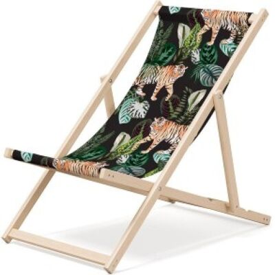 Outentin klappbare Strandliege aus Holz – Premium Holzliegestuhl groß – für Garten, Balkon und Strand – modernes Design – klappbare Strandliege aus Holz – bis 130 kg Tiger Motiv