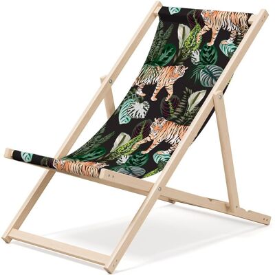 Outentin Klappbare Strandliege aus Holz - Premium Holz Liegestuhl groß - für Garten, Balkon und Strand - Modernes Design - Klappbare Sonnenliege Sonnenbett - bis 130 kg Motiv Tiger