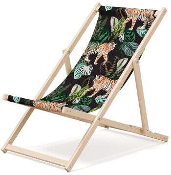 Chaise longue de plage pliante en bois Outentin - transat en bois haut de gamme grand - pour jardin, balcon et plage - design moderne - chaise longue pliante transat - jusqu'à 130 kg motif tigre 1