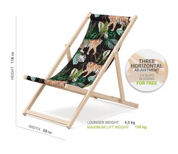 Chaise longue de plage pliante en bois Outentin - transat en bois haut de gamme grand - pour jardin, balcon et plage - design moderne - chaise longue pliante transat - jusqu'à 130 kg motif tigre 2