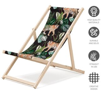 Chaise longue de plage pliante en bois Outentin - transat en bois haut de gamme grand - pour jardin, balcon et plage - design moderne - chaise longue pliante transat - jusqu'à 130 kg motif tigre 4