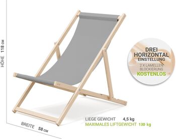 Chaise longue de plage pliante en bois Outentin - chaise longue en bois haut de gamme grande - pour jardin, balcon et plage - design moderne - chaise longue de plage pliante en bois - jusqu'à 130 kg motif gris 2