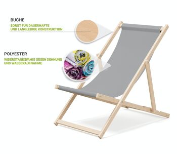 Chaise longue de plage pliante en bois Outentin - chaise longue en bois haut de gamme grande - pour jardin, balcon et plage - design moderne - chaise longue de plage pliante en bois - jusqu'à 130 kg motif gris 3