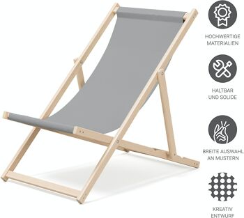 Chaise longue de plage pliante en bois Outentin - chaise longue en bois haut de gamme grande - pour jardin, balcon et plage - design moderne - chaise longue de plage pliante en bois - jusqu'à 130 kg motif gris 4