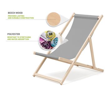 Outentin chaise longue de plage pliante en bois - transat en bois haut de gamme grand - pour jardin, balcon et plage - design moderne - chaise longue pliante transat - jusqu'à 130 kg motif Gris 3