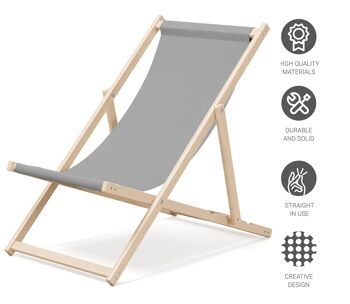 Outentin chaise longue de plage pliante en bois - transat en bois haut de gamme grand - pour jardin, balcon et plage - design moderne - chaise longue pliante transat - jusqu'à 130 kg motif Gris 4