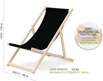 Chaise longue de plage pliante en bois Outentin - chaise longue en bois haut de gamme grande - pour jardin, balcon et plage - design moderne - chaise longue de plage pliante en bois - jusqu'à 130 kg motif noir 2