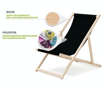 Chaise longue de plage pliante en bois Outentin - chaise longue en bois haut de gamme grande - pour jardin, balcon et plage - design moderne - chaise longue de plage pliante en bois - jusqu'à 130 kg motif noir 3