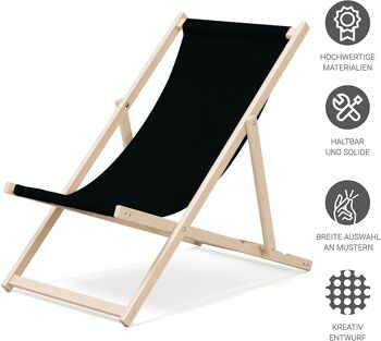 Chaise longue de plage pliante en bois Outentin - chaise longue en bois haut de gamme grande - pour jardin, balcon et plage - design moderne - chaise longue de plage pliante en bois - jusqu'à 130 kg motif noir 4