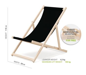 Outentin chaise longue de plage pliante en bois - transat en bois haut de gamme grand - pour jardin, balcon et plage - design moderne - chaise longue pliante transat - jusqu'à 130 kg motif Noir 2