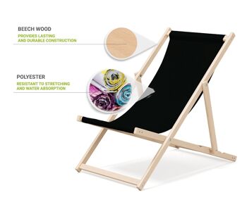 Outentin chaise longue de plage pliante en bois - transat en bois haut de gamme grand - pour jardin, balcon et plage - design moderne - chaise longue pliante transat - jusqu'à 130 kg motif Noir 3