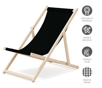 Outentin chaise longue de plage pliante en bois - transat en bois haut de gamme grand - pour jardin, balcon et plage - design moderne - chaise longue pliante transat - jusqu'à 130 kg motif Noir 4