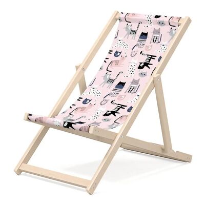 Tumbona para niños Outentin para el jardín - tumbona premium para niños en madera para el balcón y la playa - tumbona para niños - diseño moderno - tumbona para niños al aire libre - motivos gatos