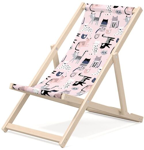 Children's deckchair for garden - Premium deckchair for children in wood for balcony and beach - Sunlounger for children - modern design - Sunbed for children outdoors - motif Kitten