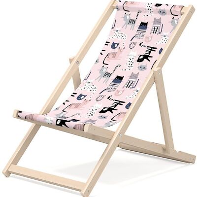 Kinder Liegestuhl für Garten - Premium Liegestuhl für Kinder aus Holz für Balkon und Strand - Sonnenliege für Kinder - modernes Design - Sonnenliege für Kinder im Freien - Motiv Kätzchen