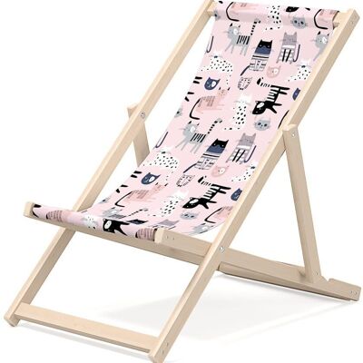 Children's deckchair for garden - Premium deckchair for children in wood for balcony and beach - Sunlounger for children - modern design - Sunbed for children outdoors - motif Kitten