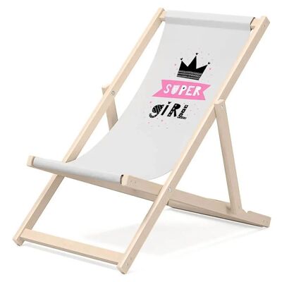 Kinder-Liegestuhl für den Garten – Premium-Liegestuhl für Kinder aus Holz für Balkon und Strand – Sonnenliege für Kinder – modernes Design – Sonnenliege für Kinder im Freien – Motiv Super Girl