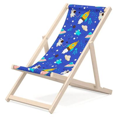 Kinder-Liegestuhl für den Garten – Premium-Liegestuhl für Kinder aus Holz für Balkon und Strand – Sonnenliege für Kinder – modernes Design – Sonnenliege für Kinder im Freien – Motiv Cosmos