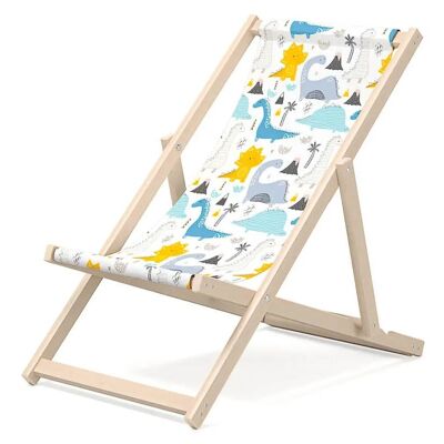 Kinder-Liegestuhl für den Garten – Premium-Liegestuhl für Kinder aus Holz für Balkon und Strand – Sonnenliege für Kinder – modernes Design – Sonnenliege für Kinder im Freien – Motiv Dino