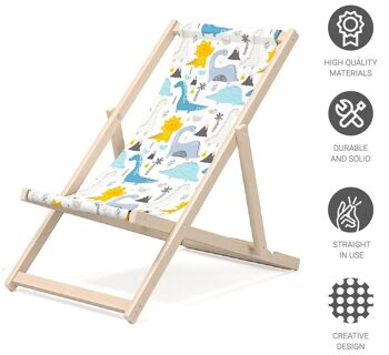 Transat enfant pour jardin - Transat premium pour enfant en bois pour balcon et plage - Transat pour enfant - design moderne - Transat pour enfant extérieur - motif Dino 4