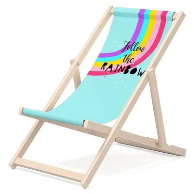 Kinder-Liegestuhl für den Garten – Premium-Liegestuhl für Kinder aus Holz für Balkon und Strand – Sonnenliege für Kinder – modernes Design – Sonnenliege für Kinder im Freien – Motiv Regenbogen