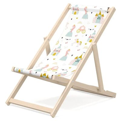 Kinder-Liegestuhl für den Garten – Premium-Liegestuhl für Kinder aus Holz für Balkon und Strand – Sonnenliege für Kinder – modernes Design – Sonnenliege für Kinder im Freien – Motiv Prinzessin