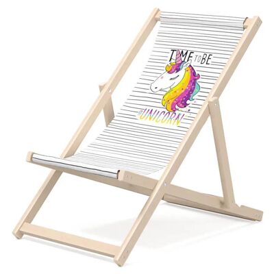 Kinder-Liegestuhl für den Garten – Premium-Liegestuhl für Kinder aus Holz für Balkon und Strand – Sonnenliege für Kinder – modernes Design – Sonnenliege für Kinder im Freien – Motiv Einhorn
