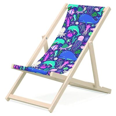 Transat enfant pour jardin - Transat premium pour enfant en bois pour balcon et plage - Transat pour enfant - design moderne - Transat pour enfant extérieur - motif Animaux Marins