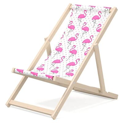 Children's deckchair for garden - Premium deckchair for children in wood for balcony and beach - Sunlounger for children - modern design - Sunbed for children outdoors - motif Pink Flamingo