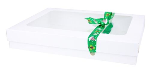 29.5 x 22 x 4.5 cm White Box & Hat Green Ribbon - Pack of 12