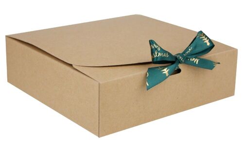 24 x 24 x 5 cm Brown Box & Xmas Green Ribbon - Pack of 12
