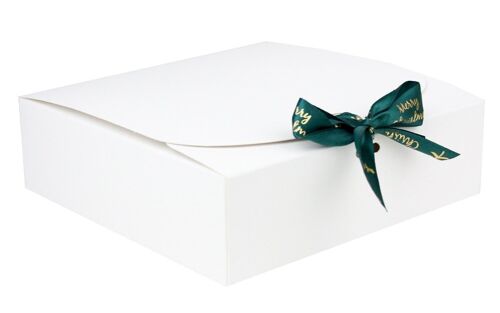 24 x 24 x 5 cm White Box & Xmas Green Ribbon - Pack of 12