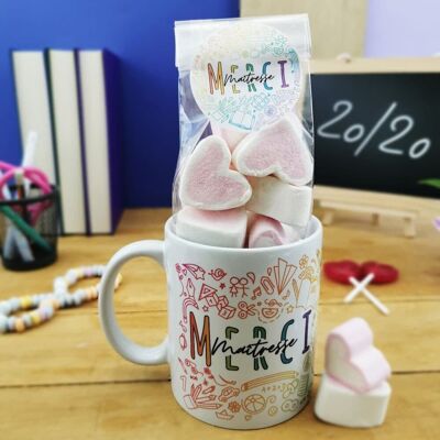 Mug "Merci Maîtresse" et ses guimauves coeurs x10 - Collection arc-en-ciel