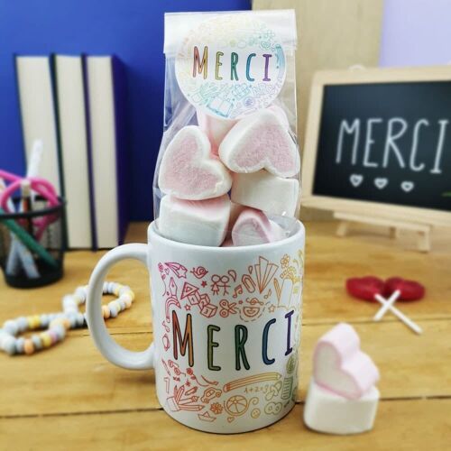 Mug "Merci" et ses guimauves coeurs x10 - Collection arc-en-ciel