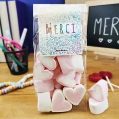 Sachet gros coeurs en guimauve x 15 - "Merci" - Collection arc-en-ciel