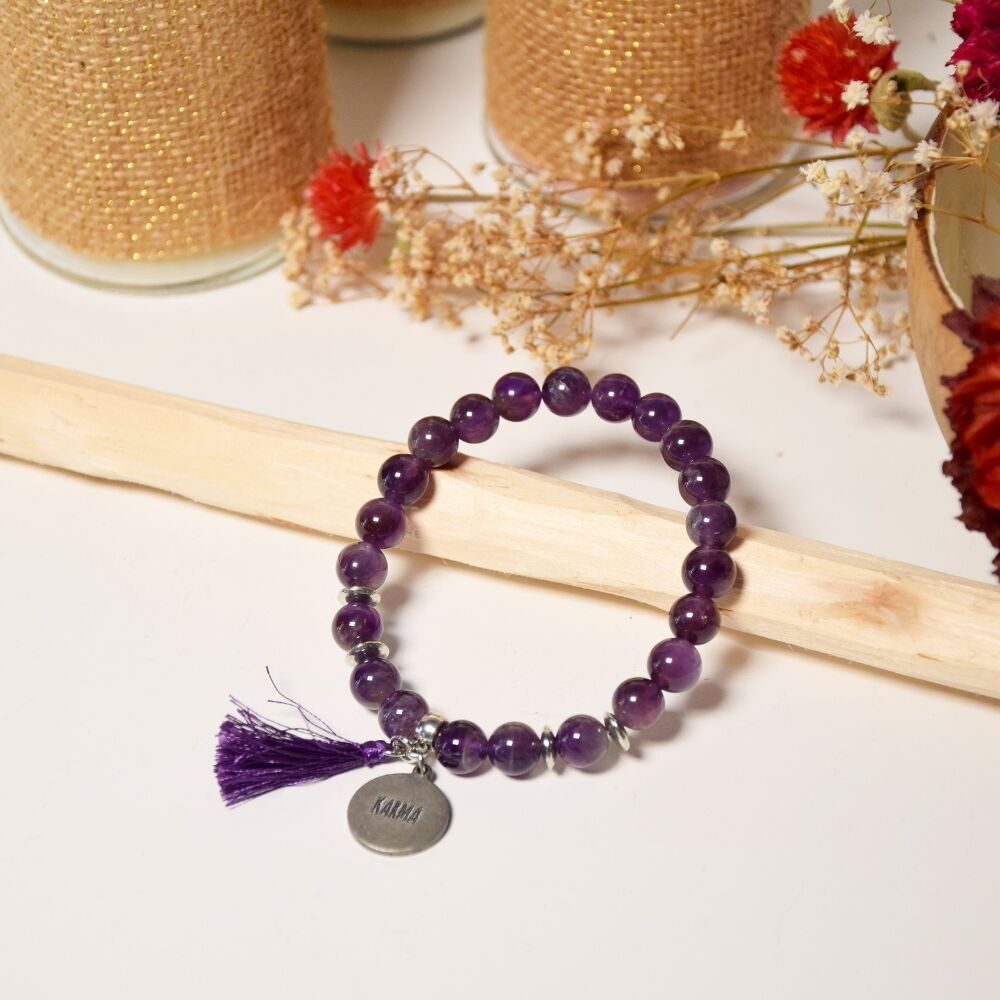 Bracciale Ametista Perline rotonde 8 mm Pompon Charm Karma