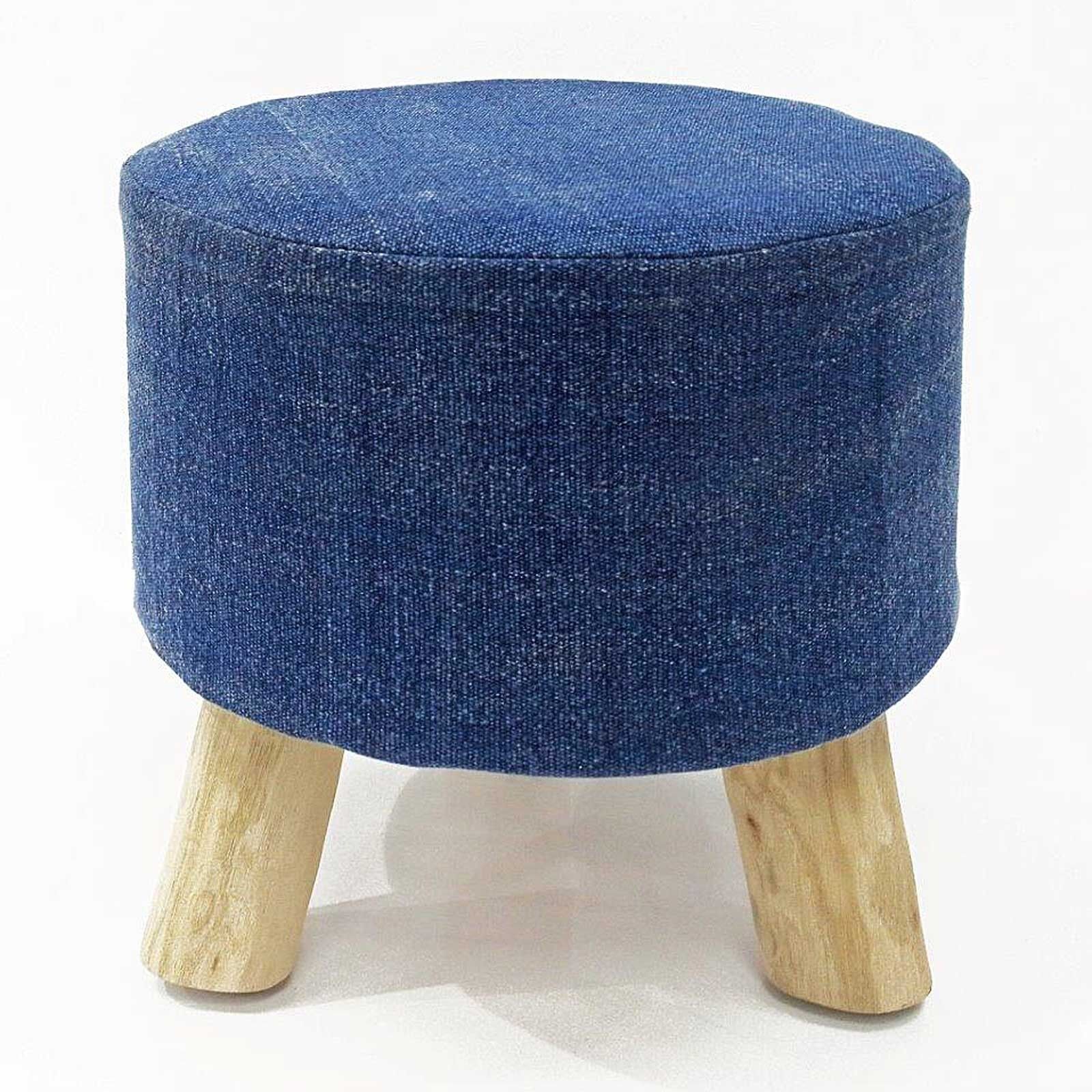 Sitzhocker Stone Washed Hocker Pouf Schemel Ø 35 cm Höhe 45 cm mit Holzfüßen aus Teakholz natur, jensblau