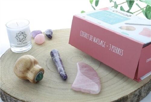 Coffret massage corps en Quartz rose, Améthyste et Aventurine verte