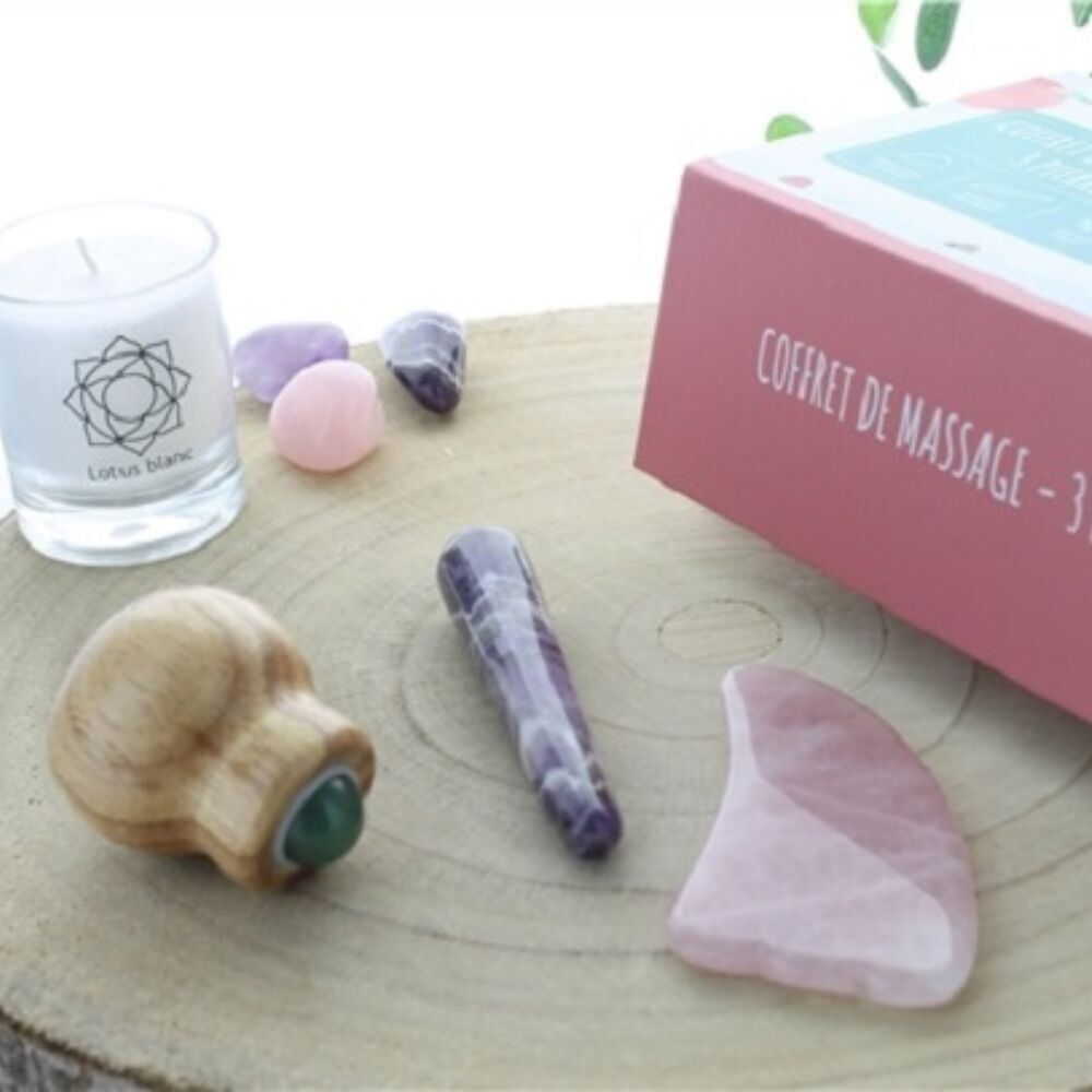 Körpermassagebox aus Rosenquarz, Amethyst und grünem Aventurin