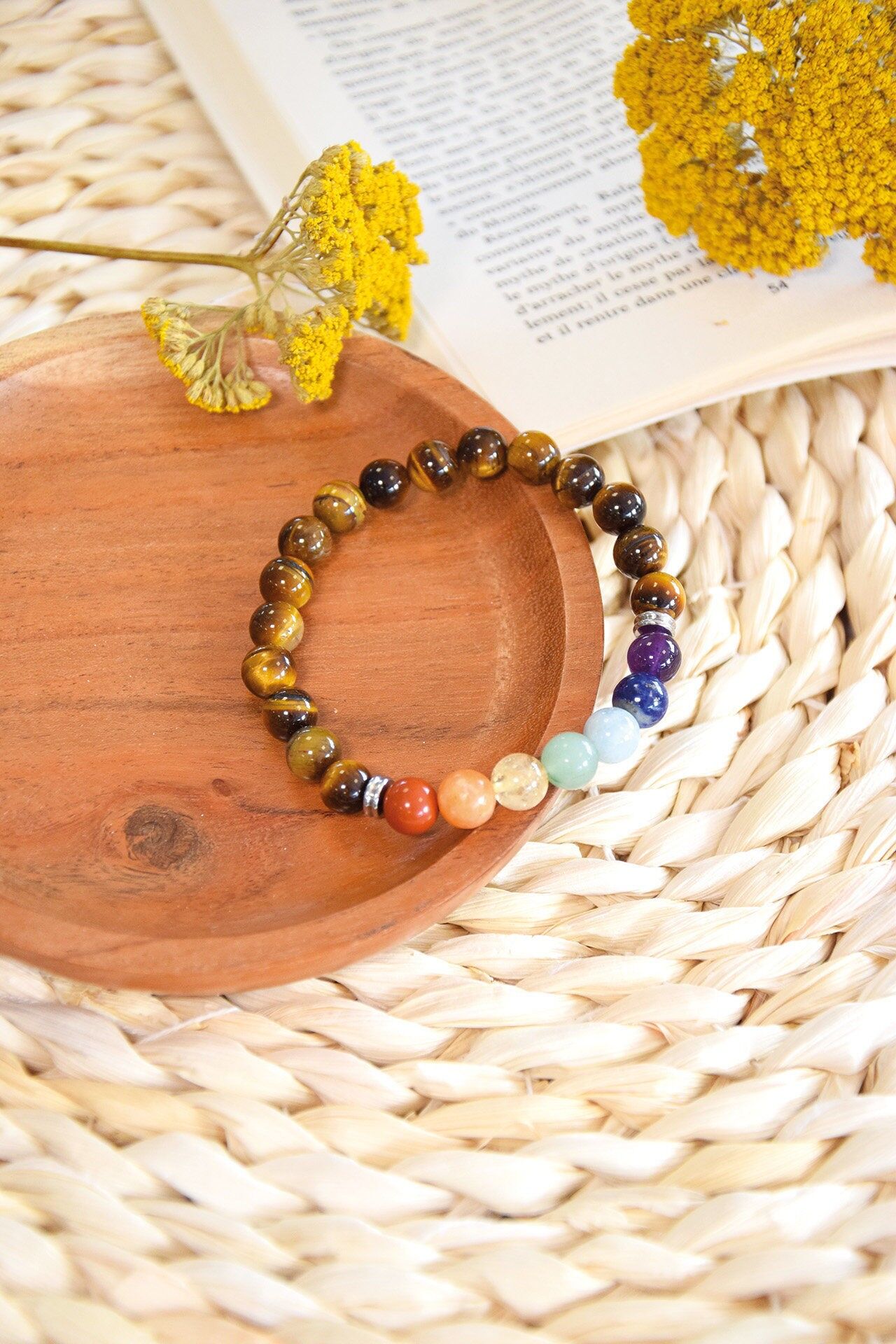 Bracciale 7 Chakra Occhio di Tigre Perline Rotonde 8 mm