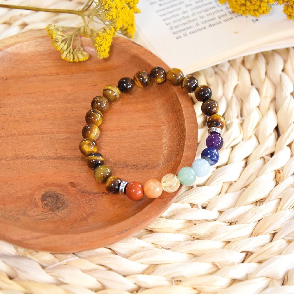 Armband 7 Chakren Tigerauge runde Perlen 8 mm