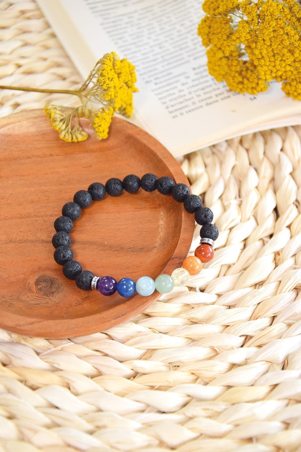 Bracciale 7 Chakra Pietra lavica Perle tonde 8 mm