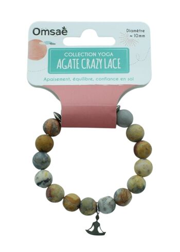 Bracelet Agate Crazy Lace Perles rondes 10 mm Breloque Yoga Lotus 3