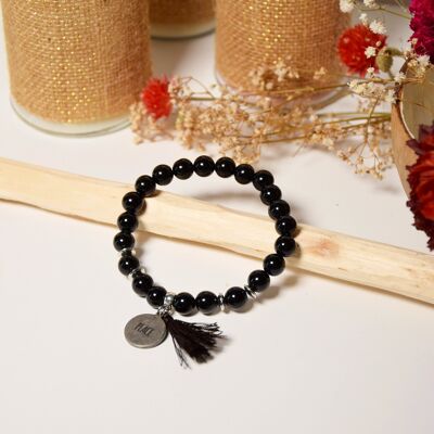 Bracelet Obsidienne Noire Perles rondes 8 mm Pompon Breloque Peace