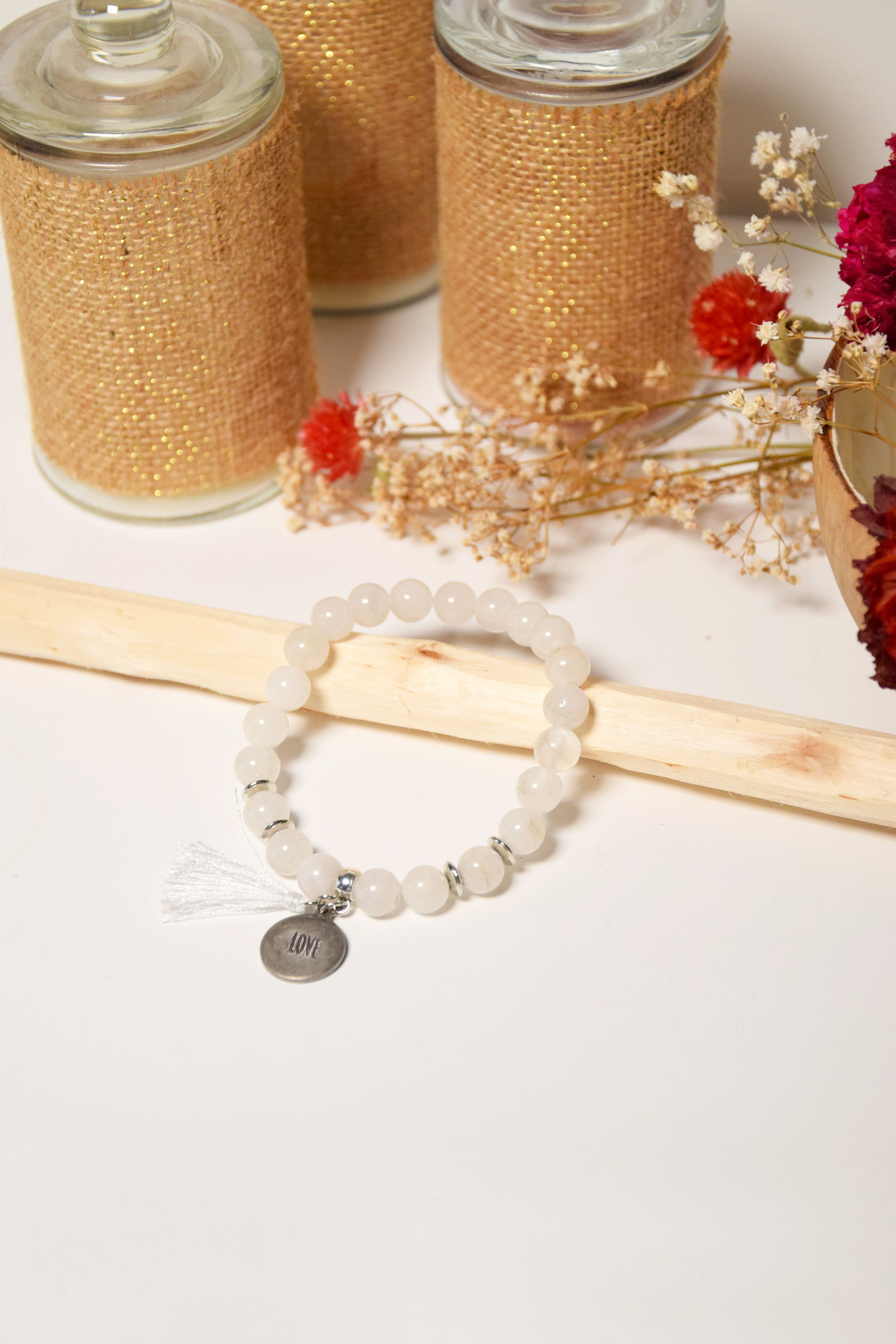 Bracciale in cristallo di rocca Grani tondi 8 mm Pompon Charm Love